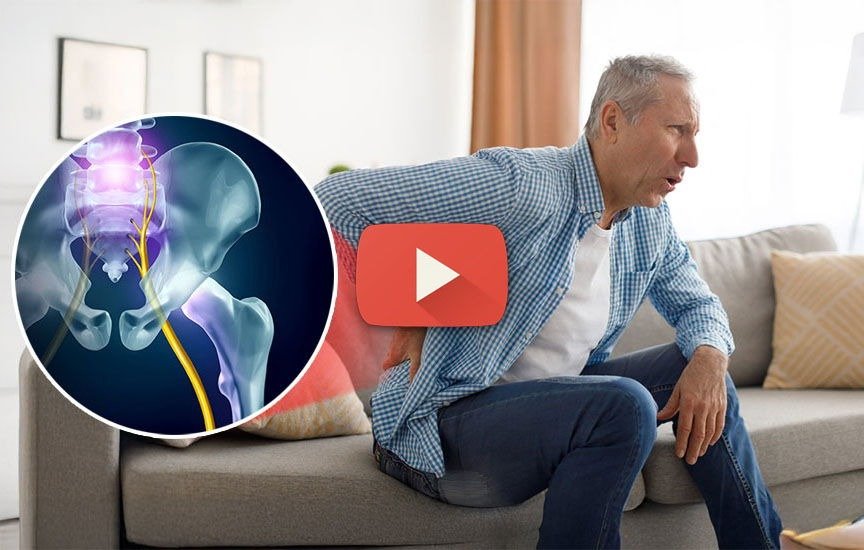 Man with sciatic nerve pain sitting on sofa — illustrated sciatic nerve anatomy
